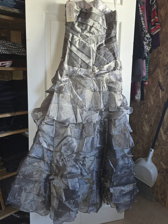 Silver Layered Ruffled Prom Gown - Picture 2 of 6